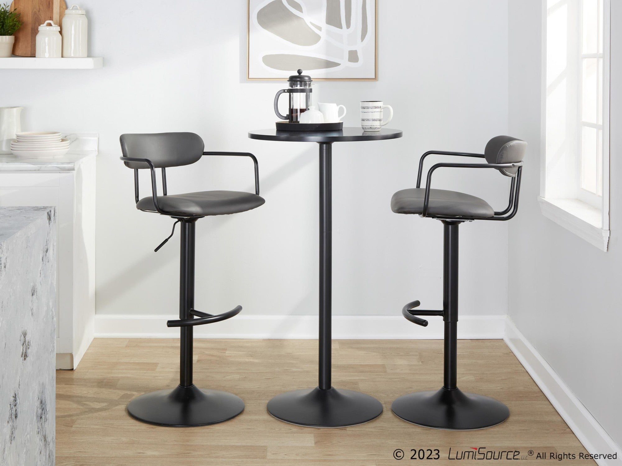 Demi Adjustable Barstool - Set of 2 - Black Metal, Grey PU