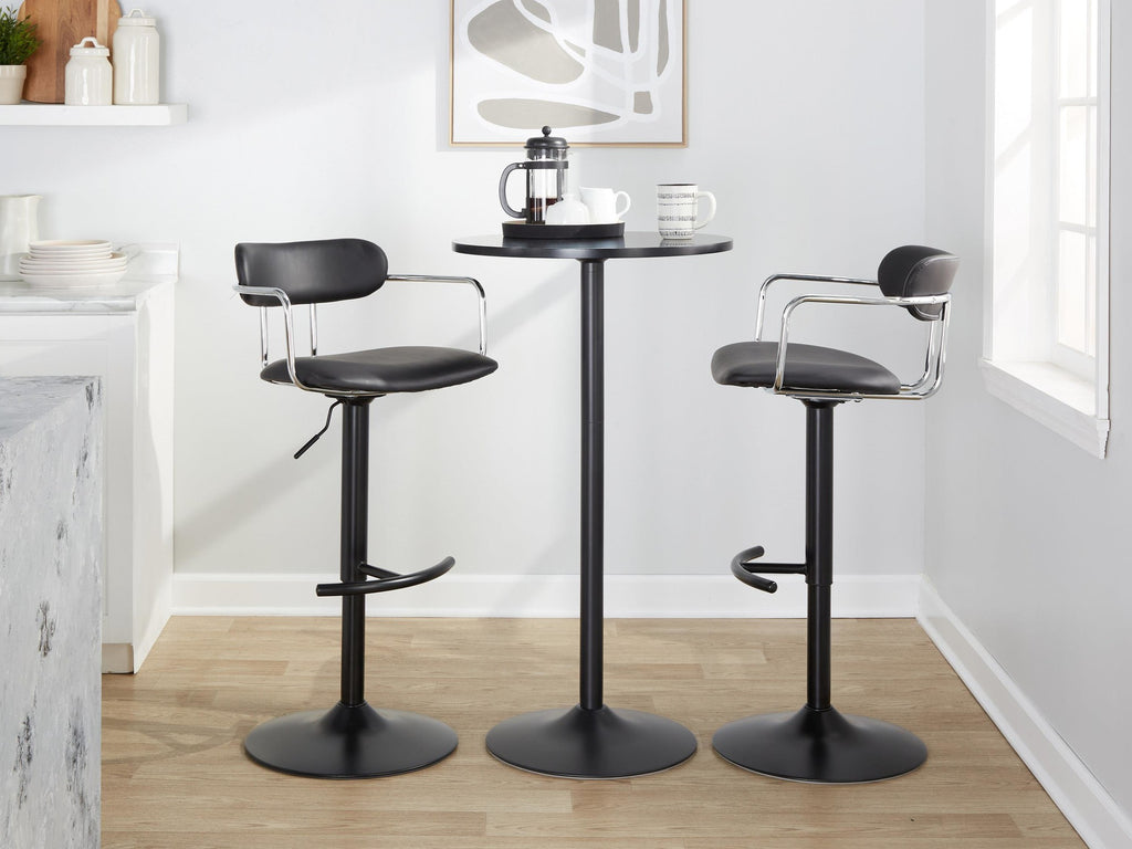 Demi Adjustable Barstool - Set of 2 - Black Metal, Chrome Metal, Black PU