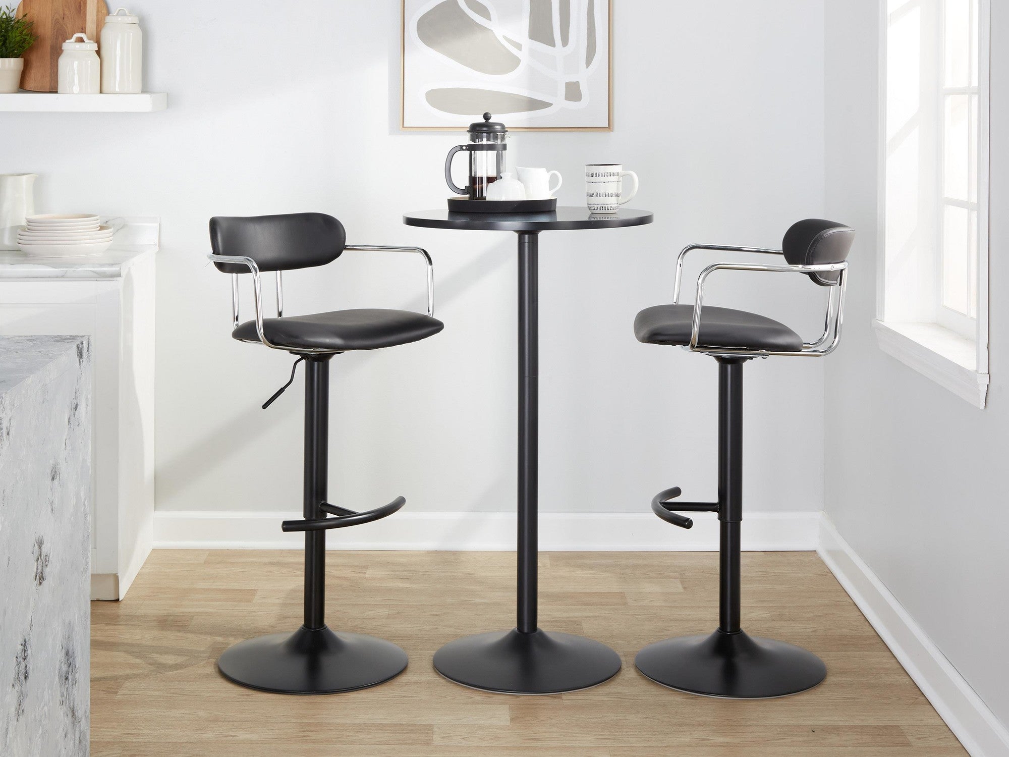 Demi Adjustable Barstool - Set of 2 - Black Metal, Chrome Metal, Black PU