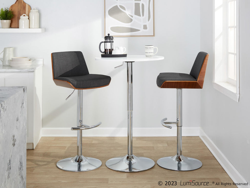 Corazza Adjustable Barstool - Set of 2 - Chrome Metal, Walnut Wood, Charcoal Fabric