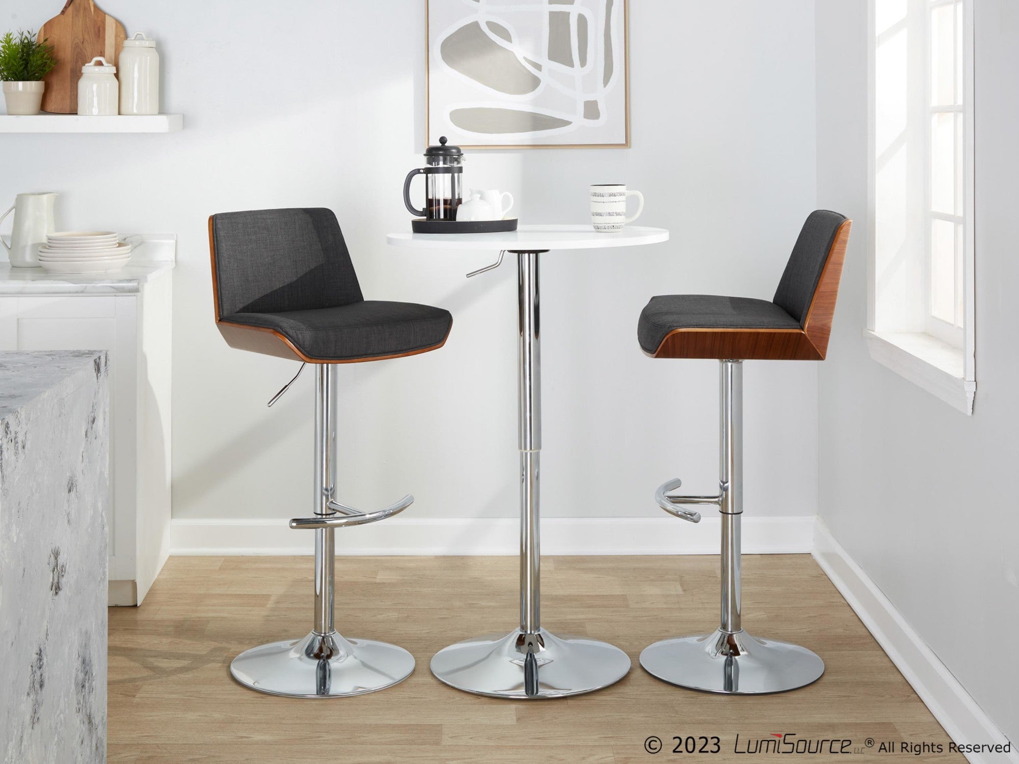 Corazza Adjustable Barstool - Set of 2 - Chrome Metal, Walnut Wood, Charcoal Fabric
