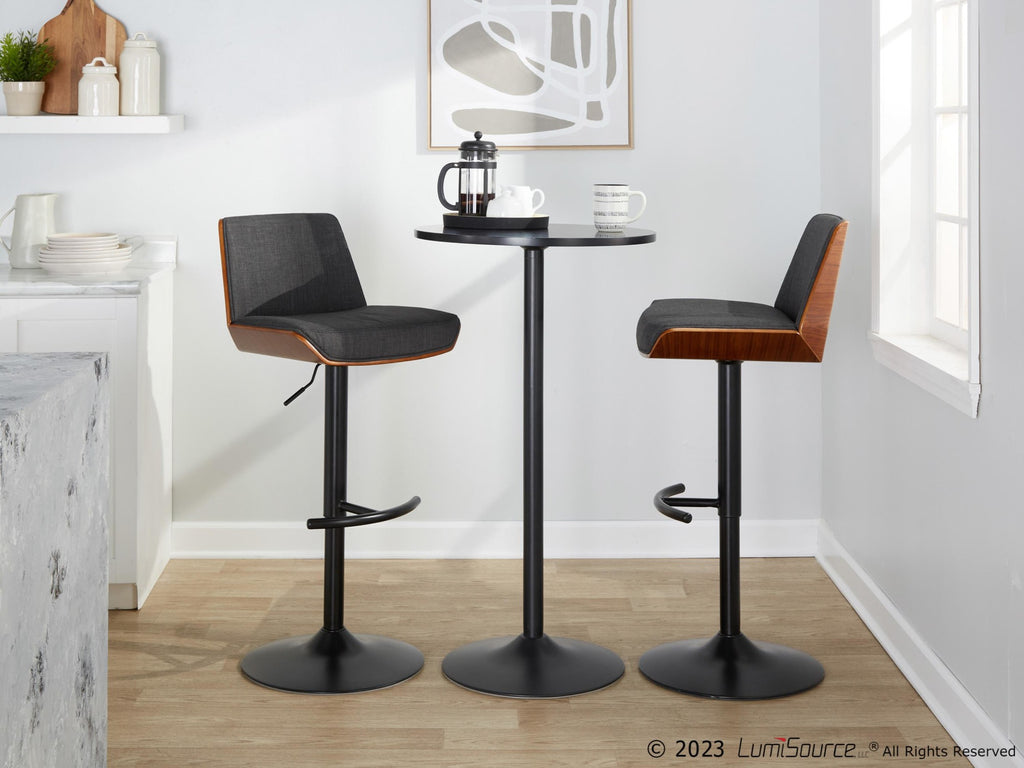 Corazza Adjustable Barstool - Set of 2 - Black Metal, Walnut Wood, Charcoal Fabric