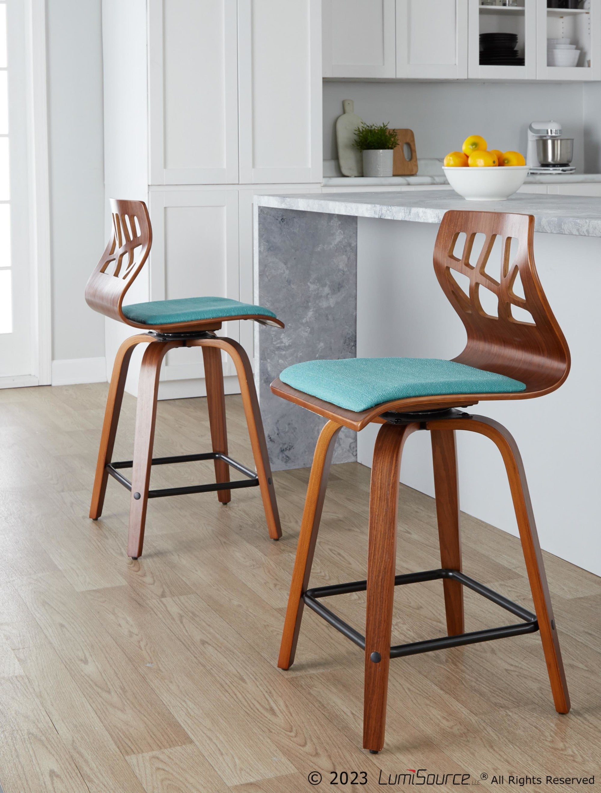 Folia 24" Fixed-Height Counter Stool - Set of 2 - Black Metal, Walnut Wood, Teal Fabric