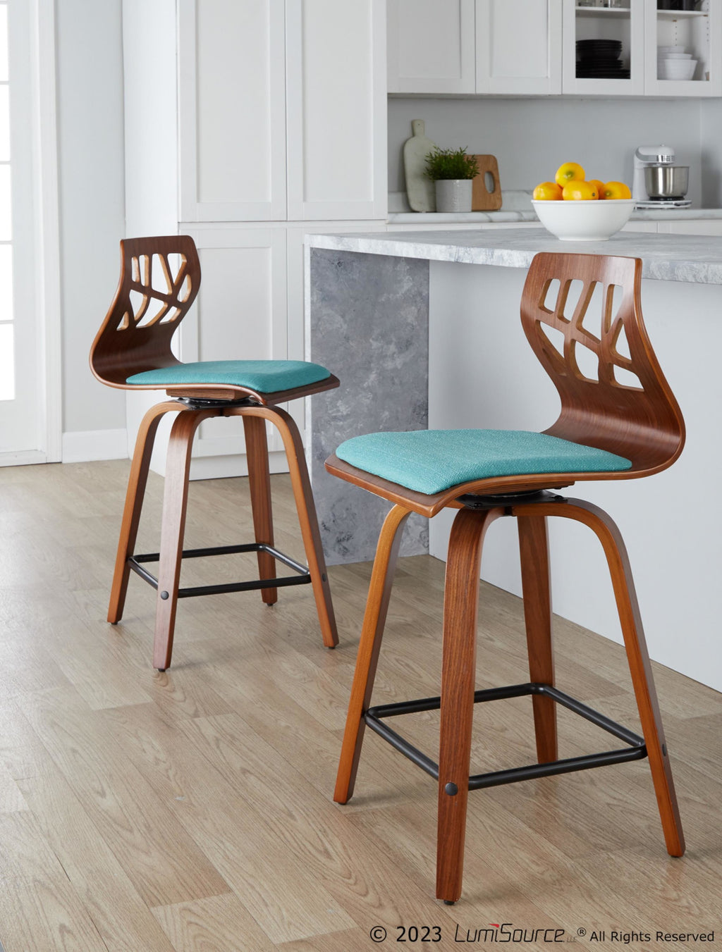 Folia 24" Fixed-Height Counter Stool - Set of 2 - Black Metal, Walnut Wood, Teal Fabric