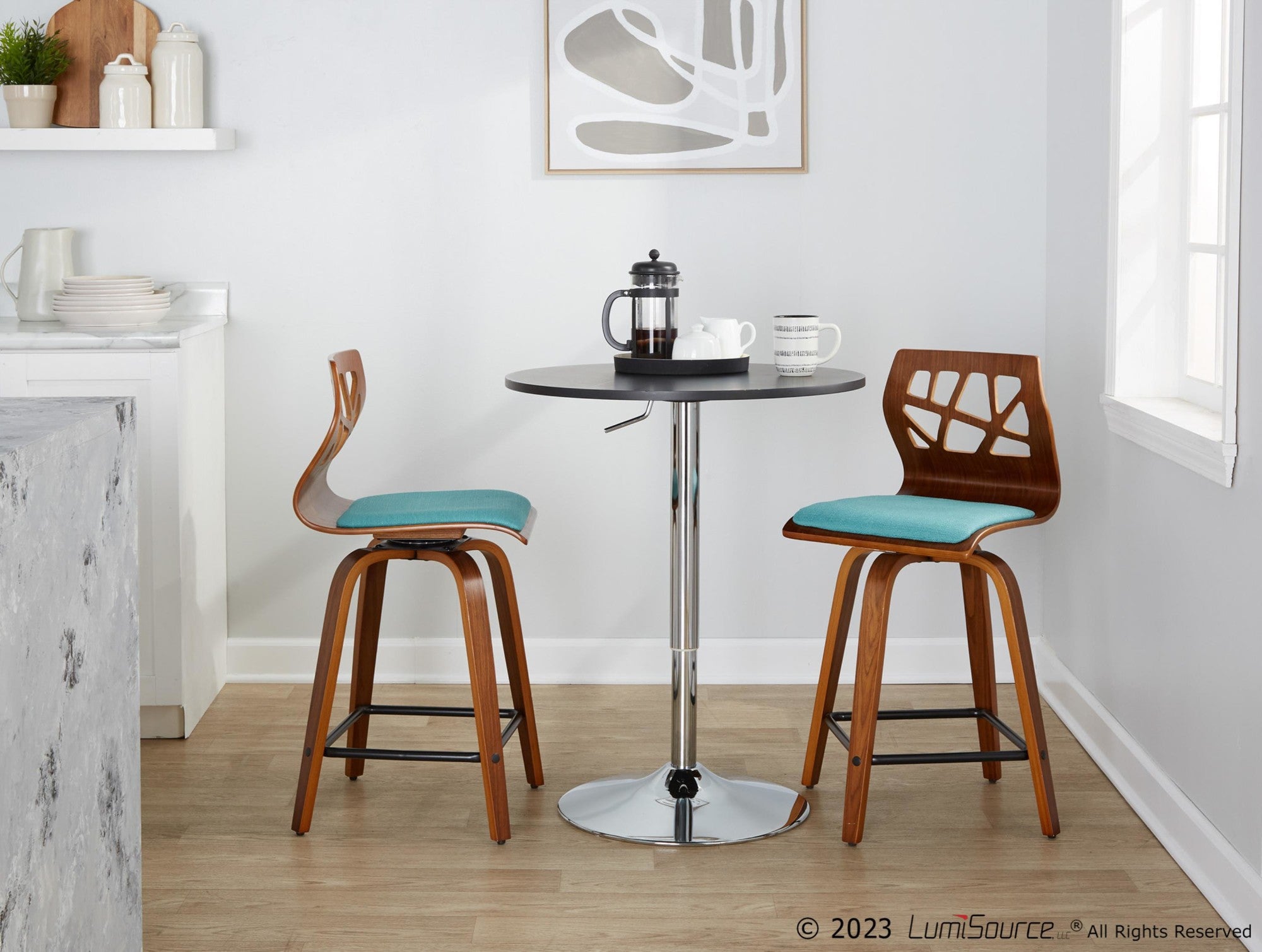 Folia 24" Fixed-Height Counter Stool - Set of 2 - Black Metal, Walnut Wood, Teal Fabric