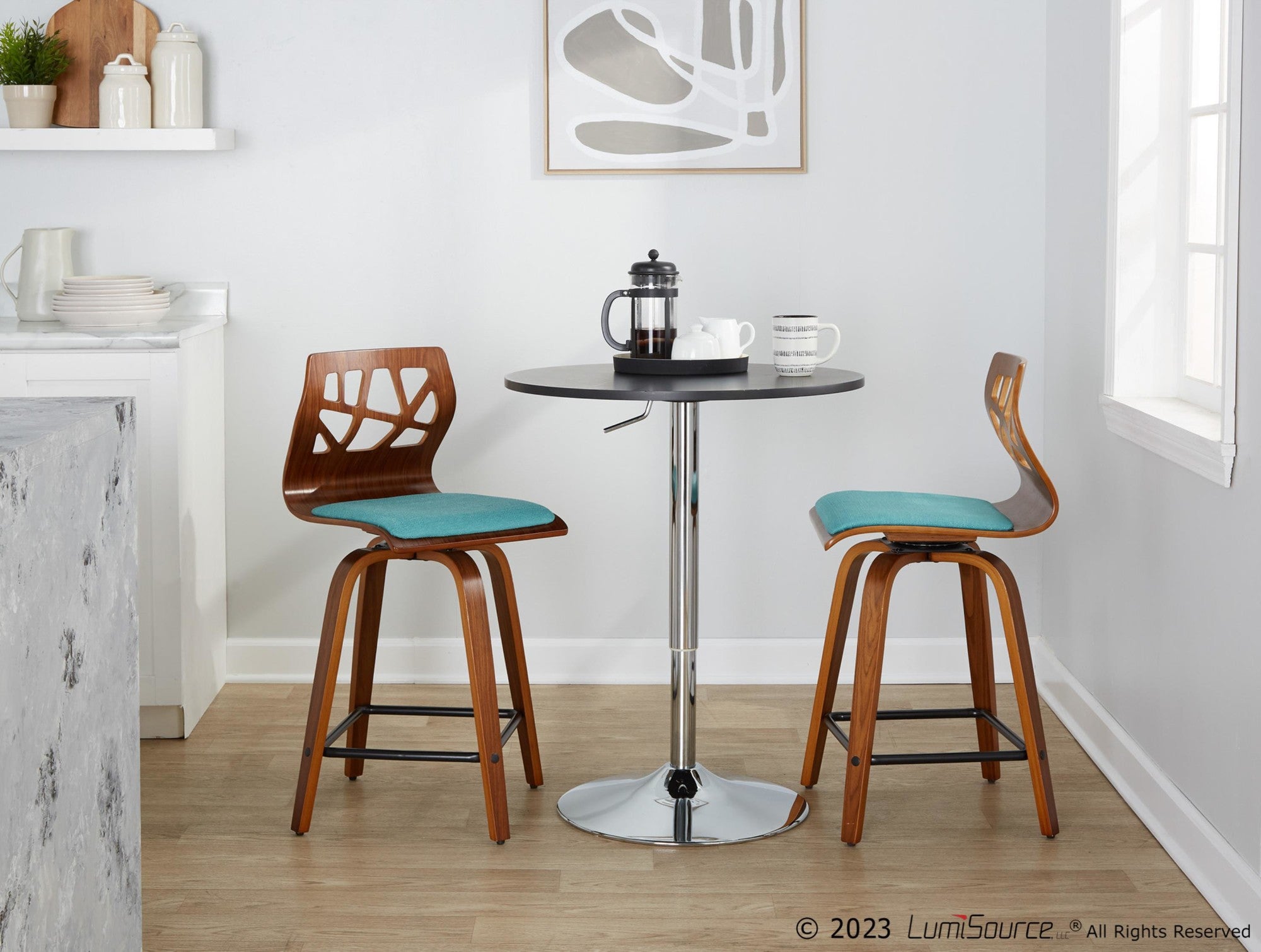 Folia 24" Fixed-Height Counter Stool - Set of 2 - Black Metal, Walnut Wood, Teal Fabric