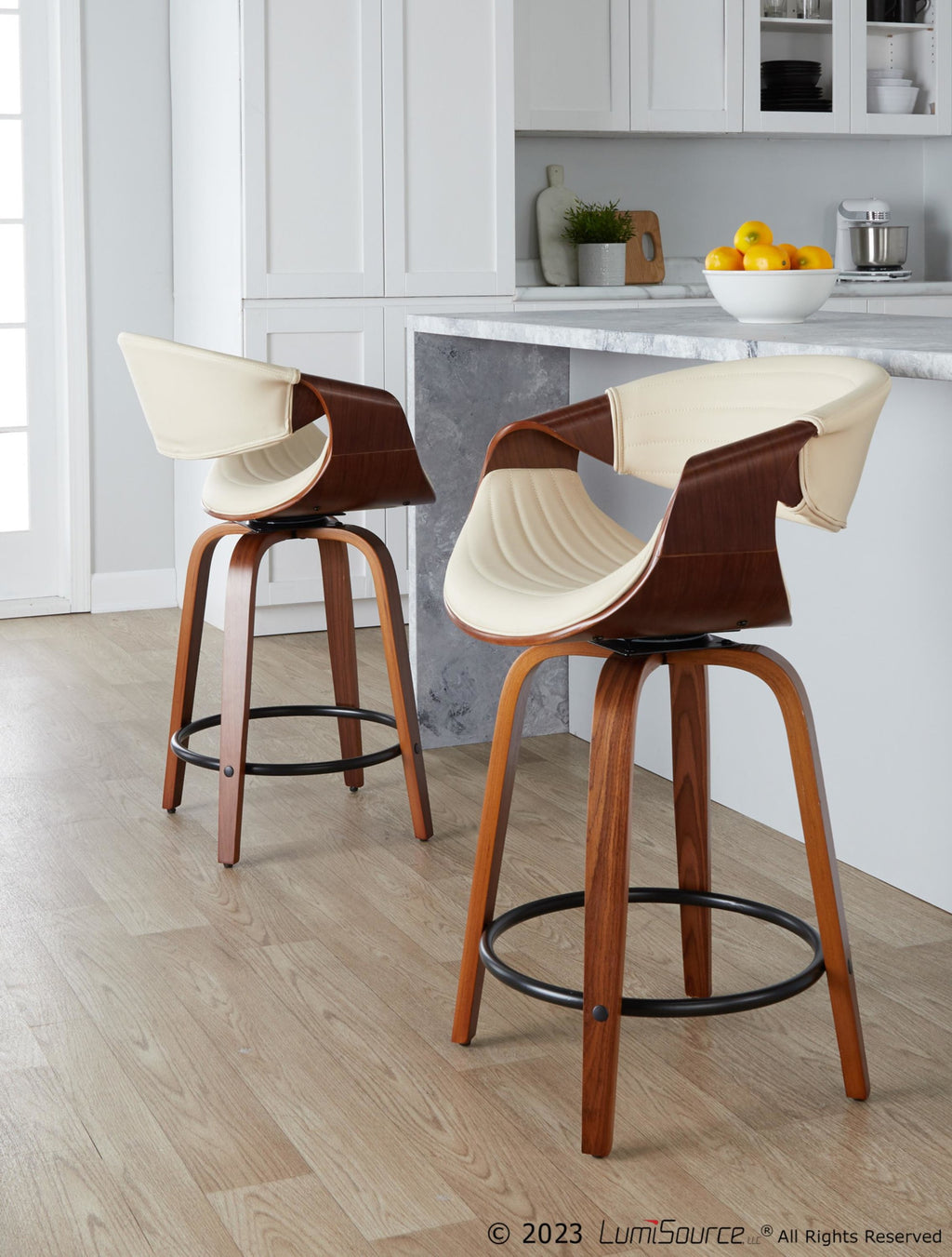 Symphony 24" Fixed-Height Counter Stool - Set of 2 - Walnut Wood, Cream PU, Black Metal