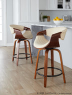 Symphony 24" Fixed-Height Counter Stool - Set of 2 - Walnut Wood, Cream PU, Black Metal