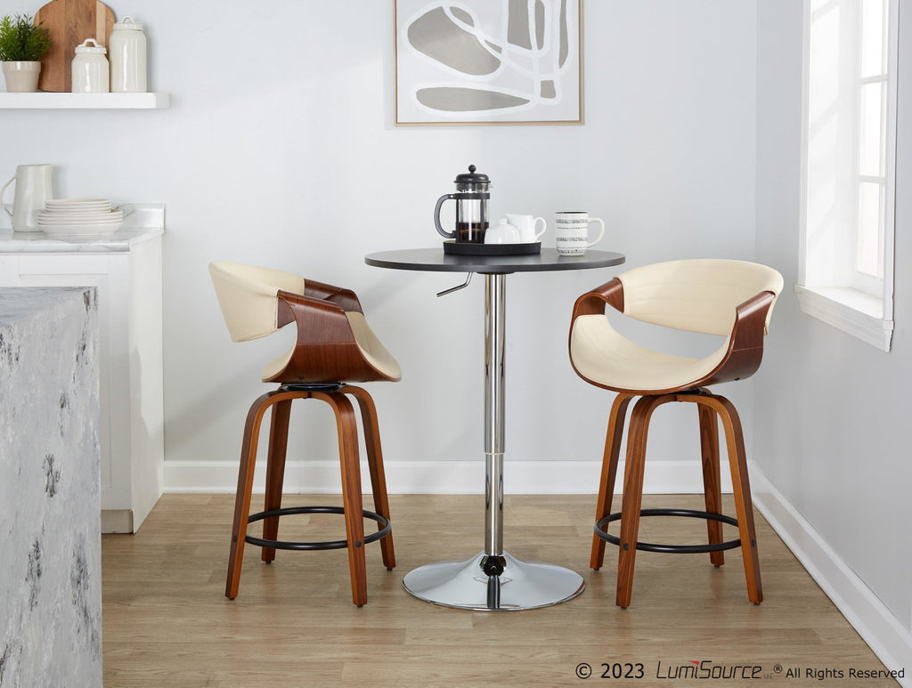 Symphony 24" Fixed-Height Counter Stool - Set of 2 - Walnut Wood, Cream PU, Black Metal