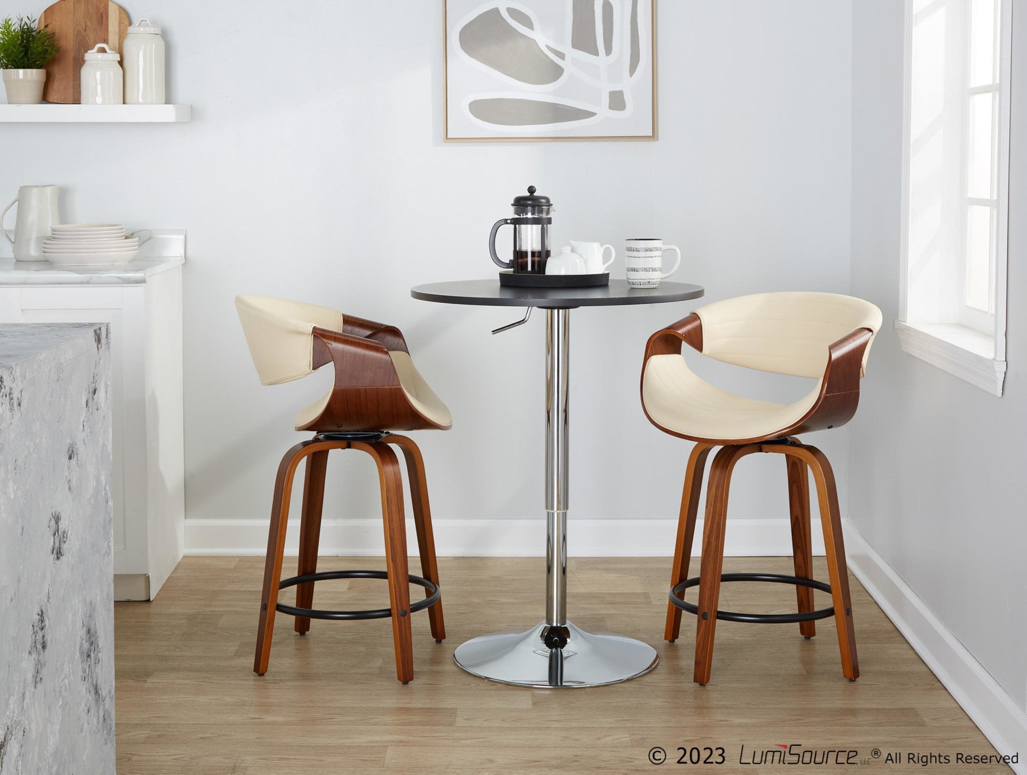 Symphony 24" Fixed-Height Counter Stool - Set of 2 - Walnut Wood, Cream PU, Black Metal