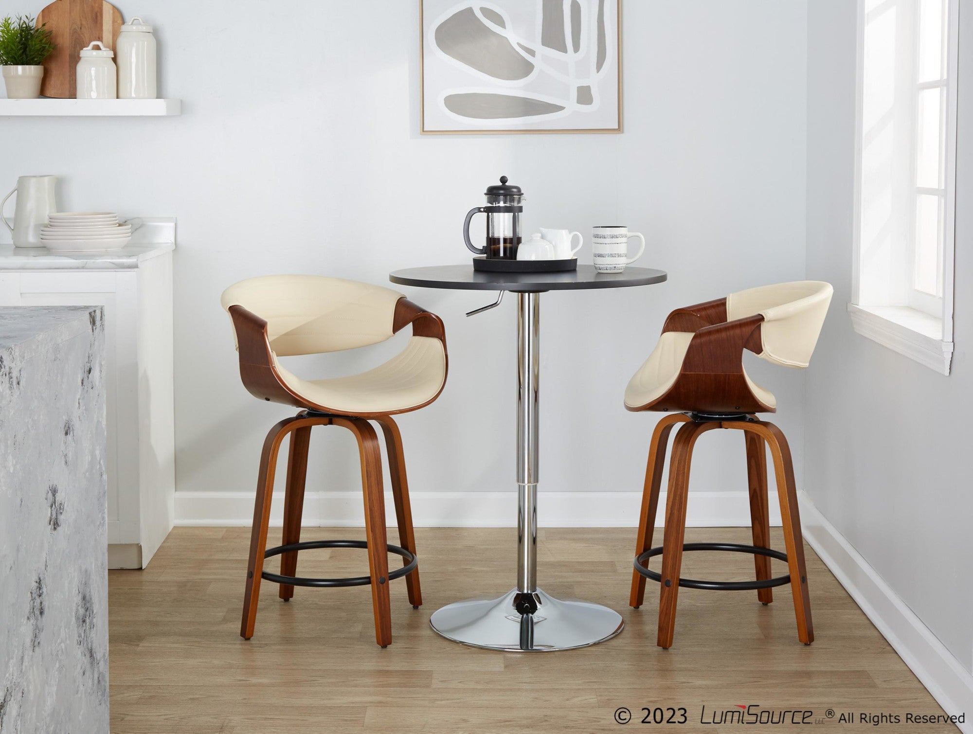 Symphony 24" Fixed-Height Counter Stool - Set of 2 - Walnut Wood, Cream PU, Black Metal