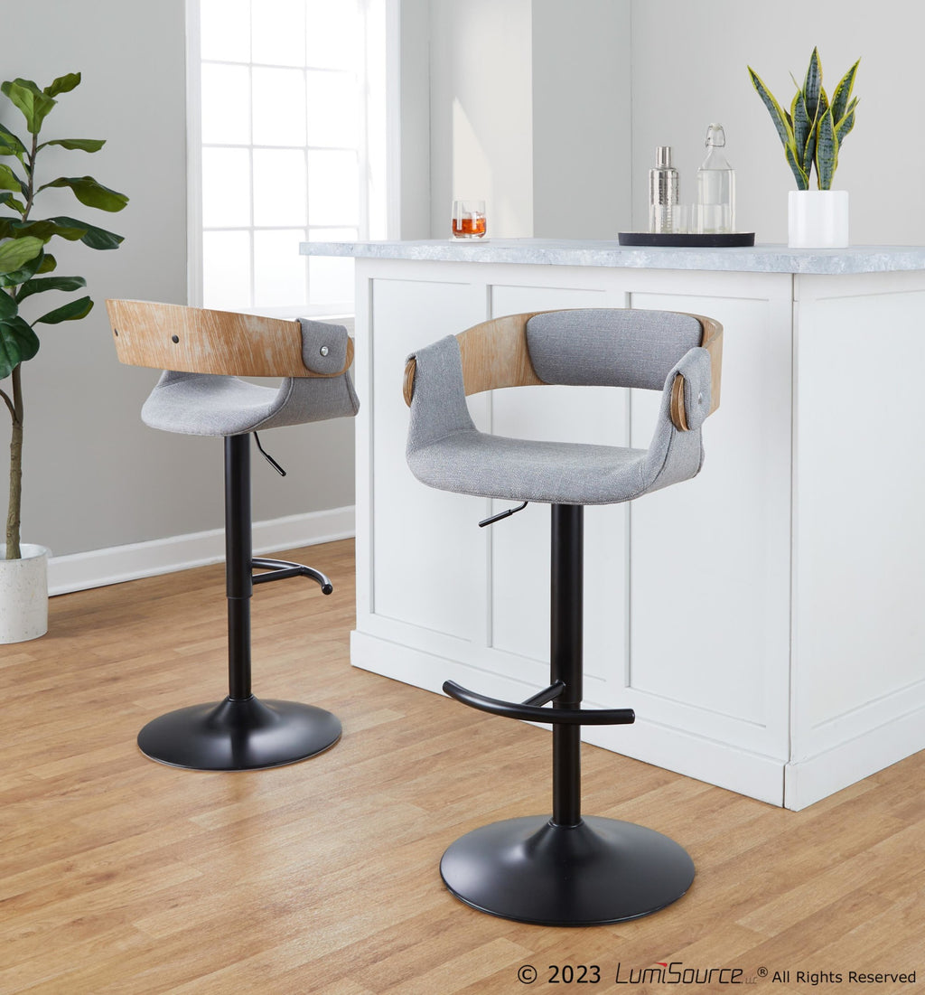 Elisa Adjustable Barstool - Set of 2 - Black Metal, Whitewashed Wood, Grey Fabric