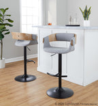 Elisa Adjustable Barstool - Set of 2 - Black Metal, Whitewashed Wood, Grey Fabric