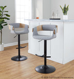 Elisa Adjustable Barstool - Set of 2 - Black Metal, Whitewashed Wood, Grey Fabric