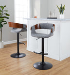 Elisa Adjustable Barstool - Set of 2 - Black Metal, Walnut Wood, Grey Fabric