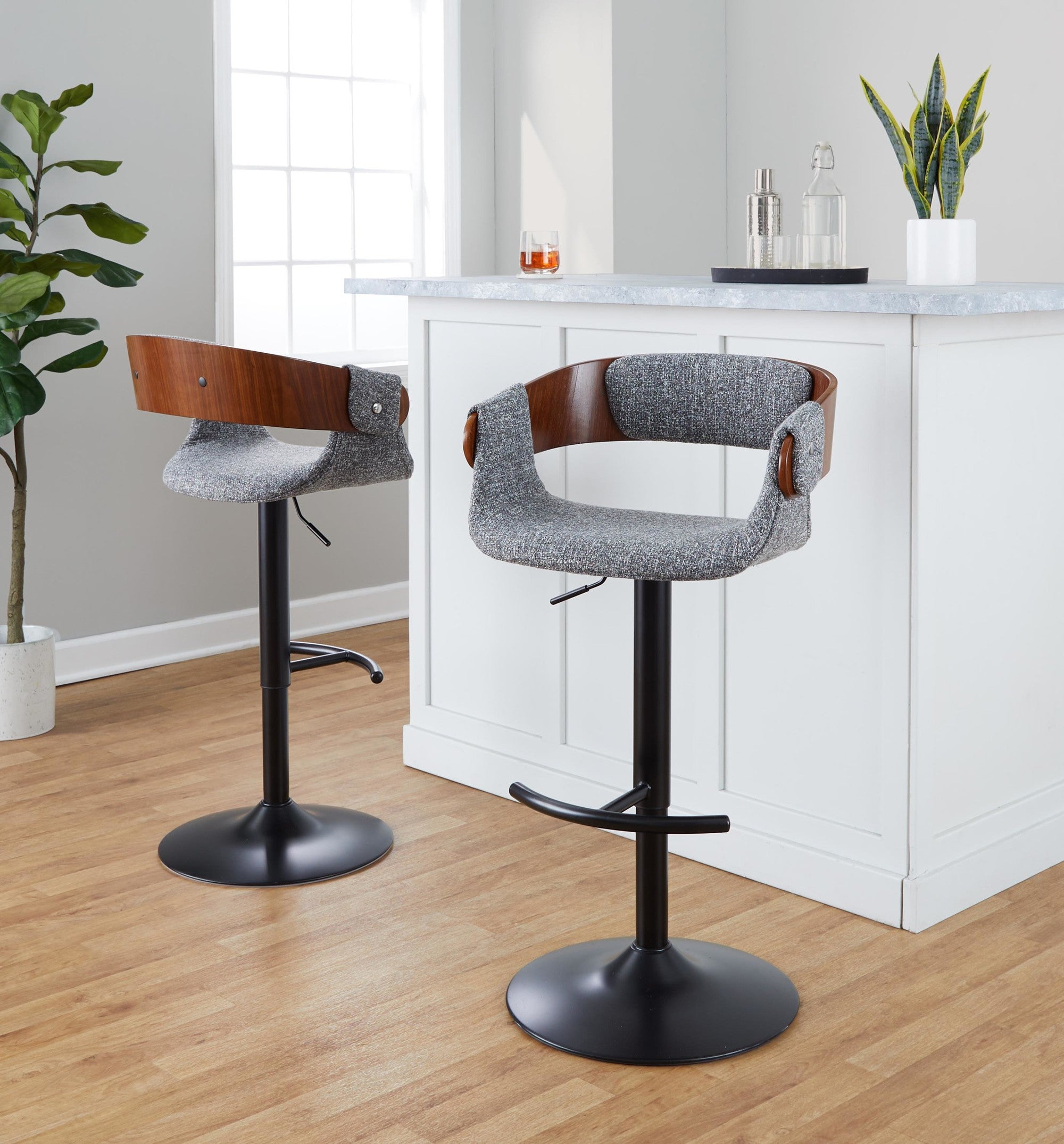 Elisa Adjustable Barstool - Set of 2 - Black Metal, Walnut Wood, Grey Fabric