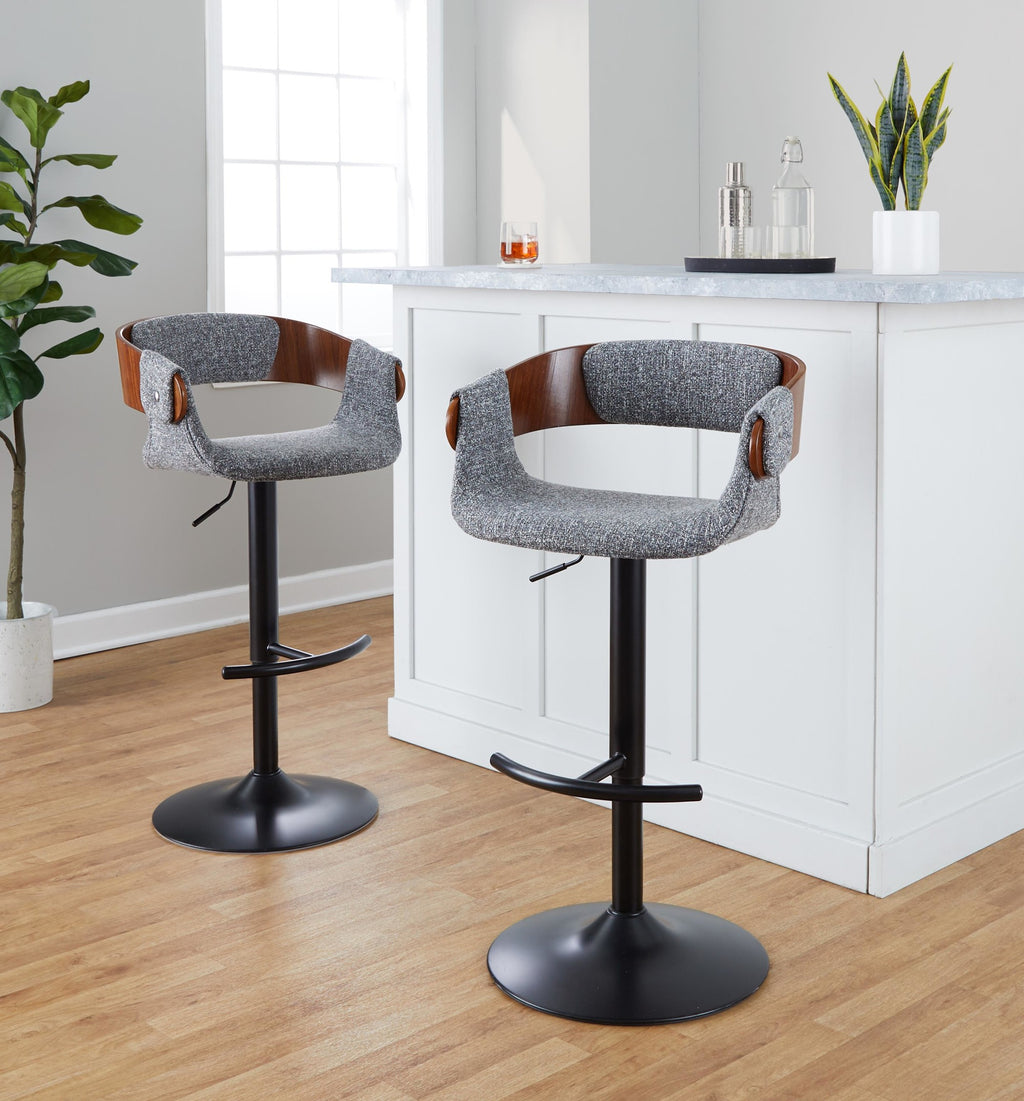 Elisa Adjustable Barstool - Set of 2 - Black Metal, Walnut Wood, Grey Fabric