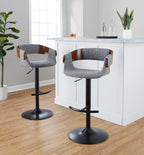 Elisa Adjustable Barstool - Set of 2 - Black Metal, Walnut Wood, Grey Fabric