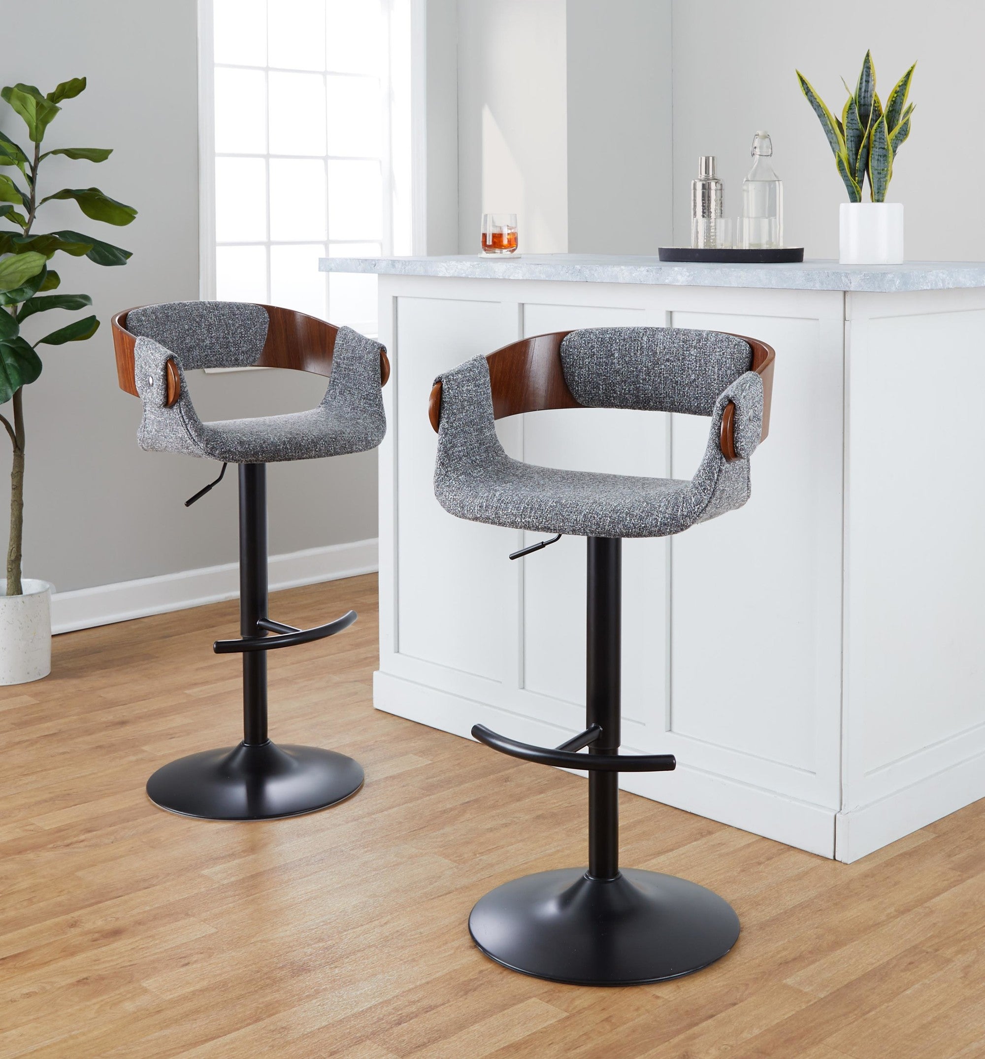 Elisa Adjustable Barstool - Set of 2 - Black Metal, Walnut Wood, Grey Fabric
