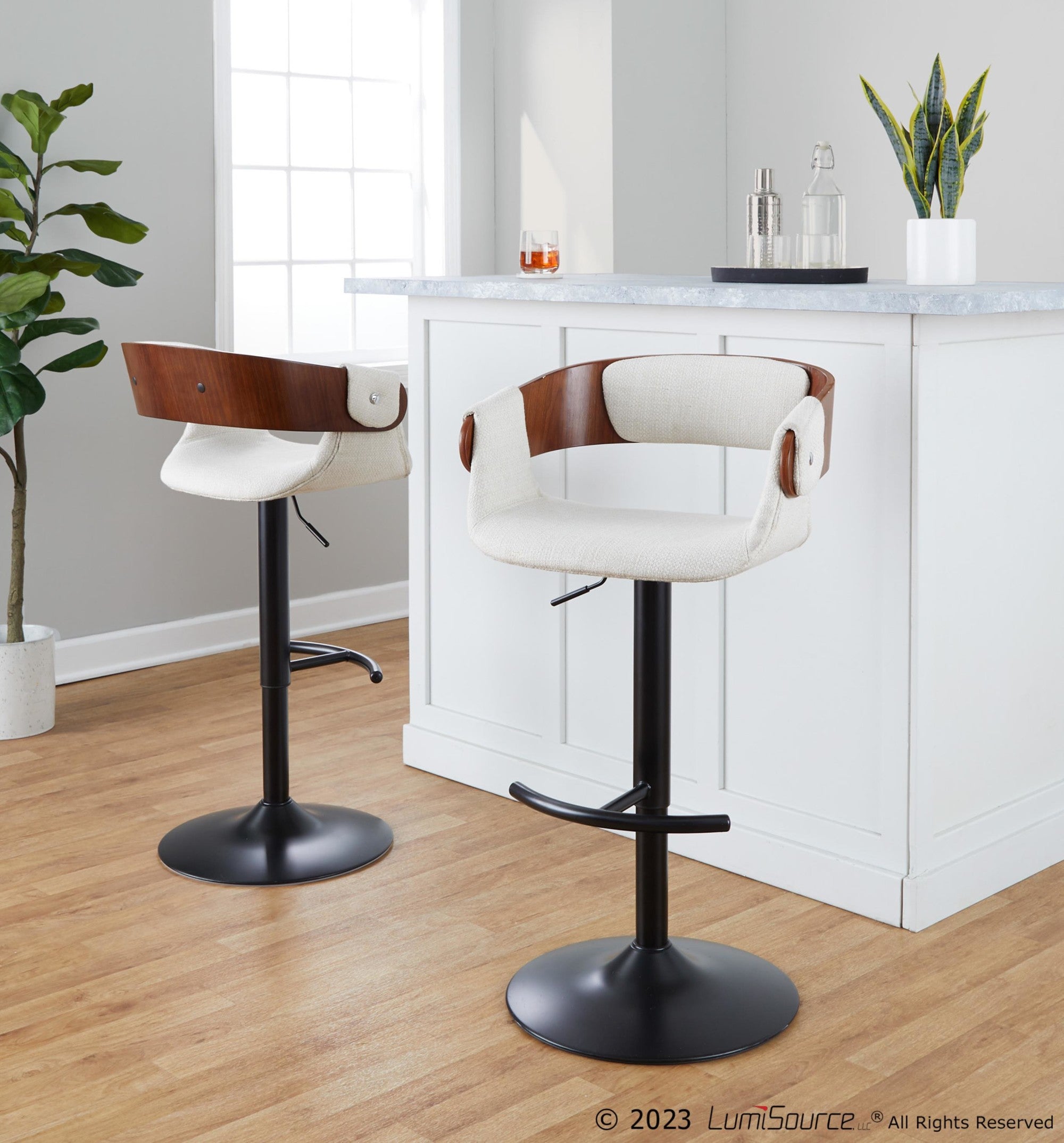 Elisa Adjustable Barstool - Set of 2 - Black Metal, Walnut Wood, Cream Fabric