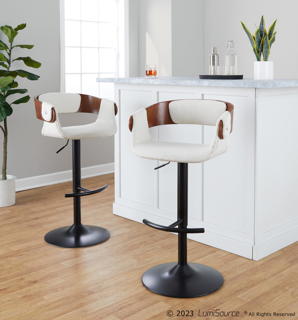 Elisa Adjustable Barstool - Set of 2 - Black Metal, Walnut Wood, Cream Fabric