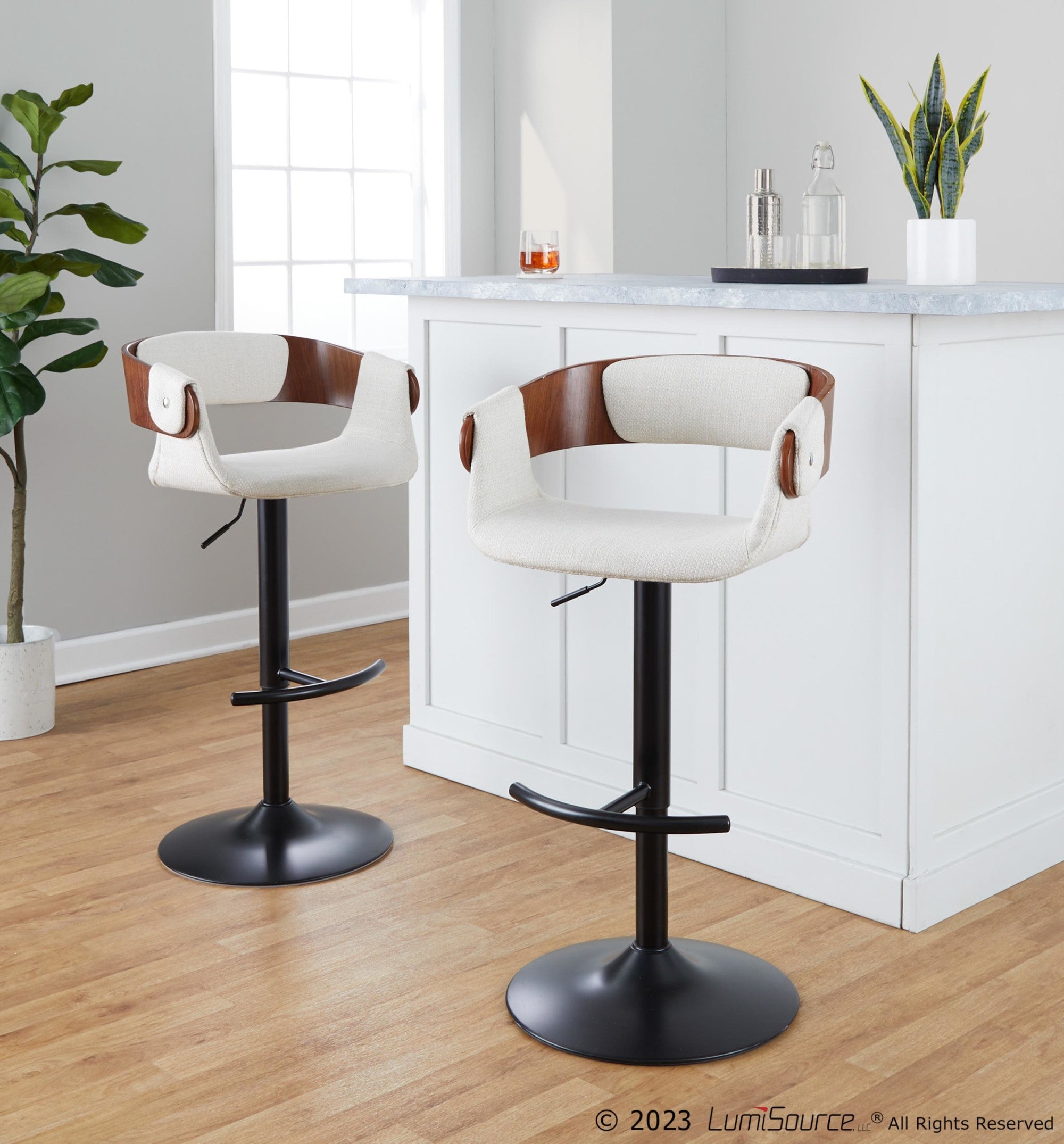 Elisa Adjustable Barstool - Set of 2 - Black Metal, Walnut Wood, Cream Fabric