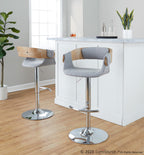 Elisa Adjustable Barstool - Set of 2 - Chrome Metal, Whitewashed Wood, Grey Fabric