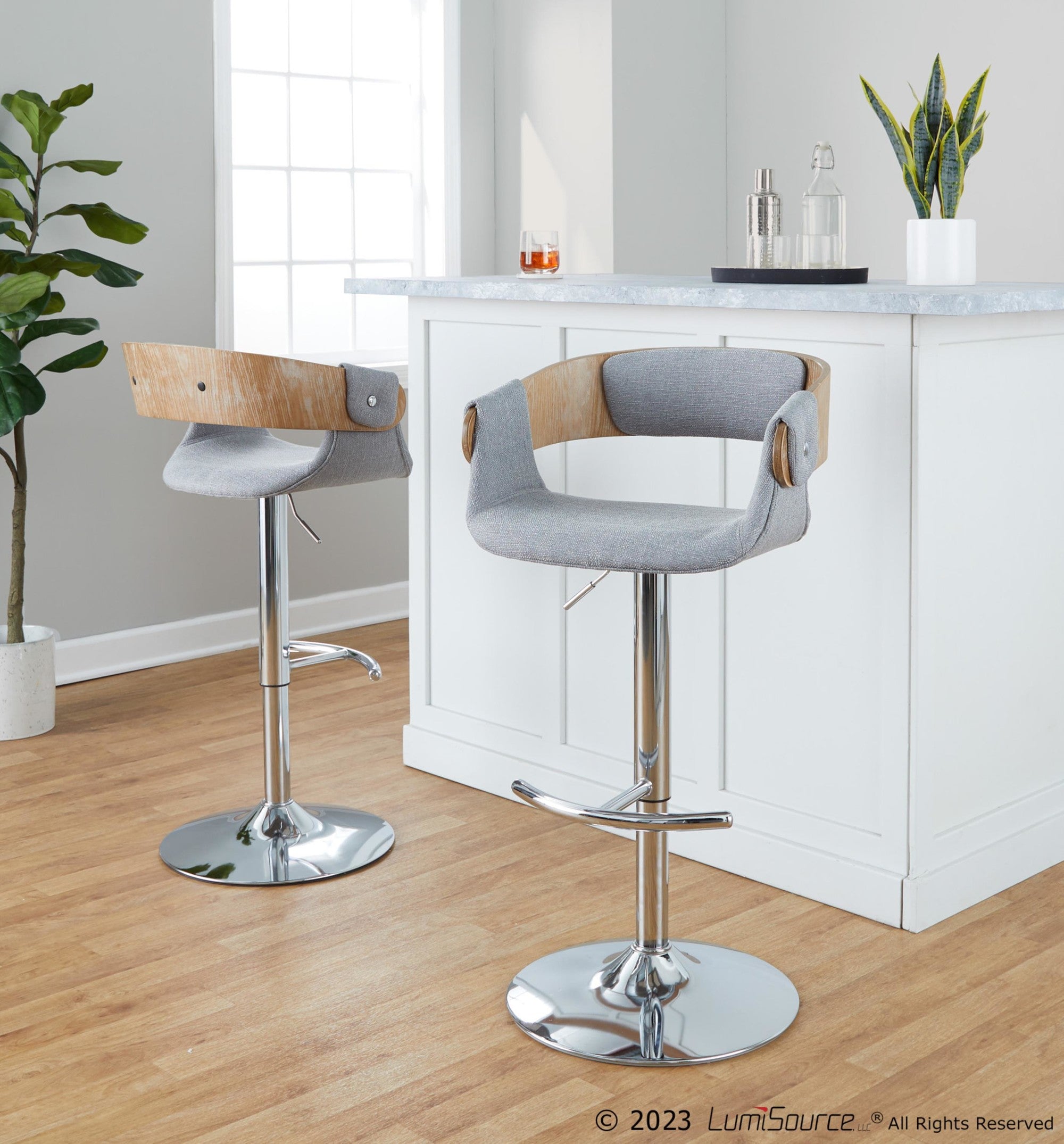 Elisa Adjustable Barstool - Set of 2 - Chrome Metal, Whitewashed Wood, Grey Fabric