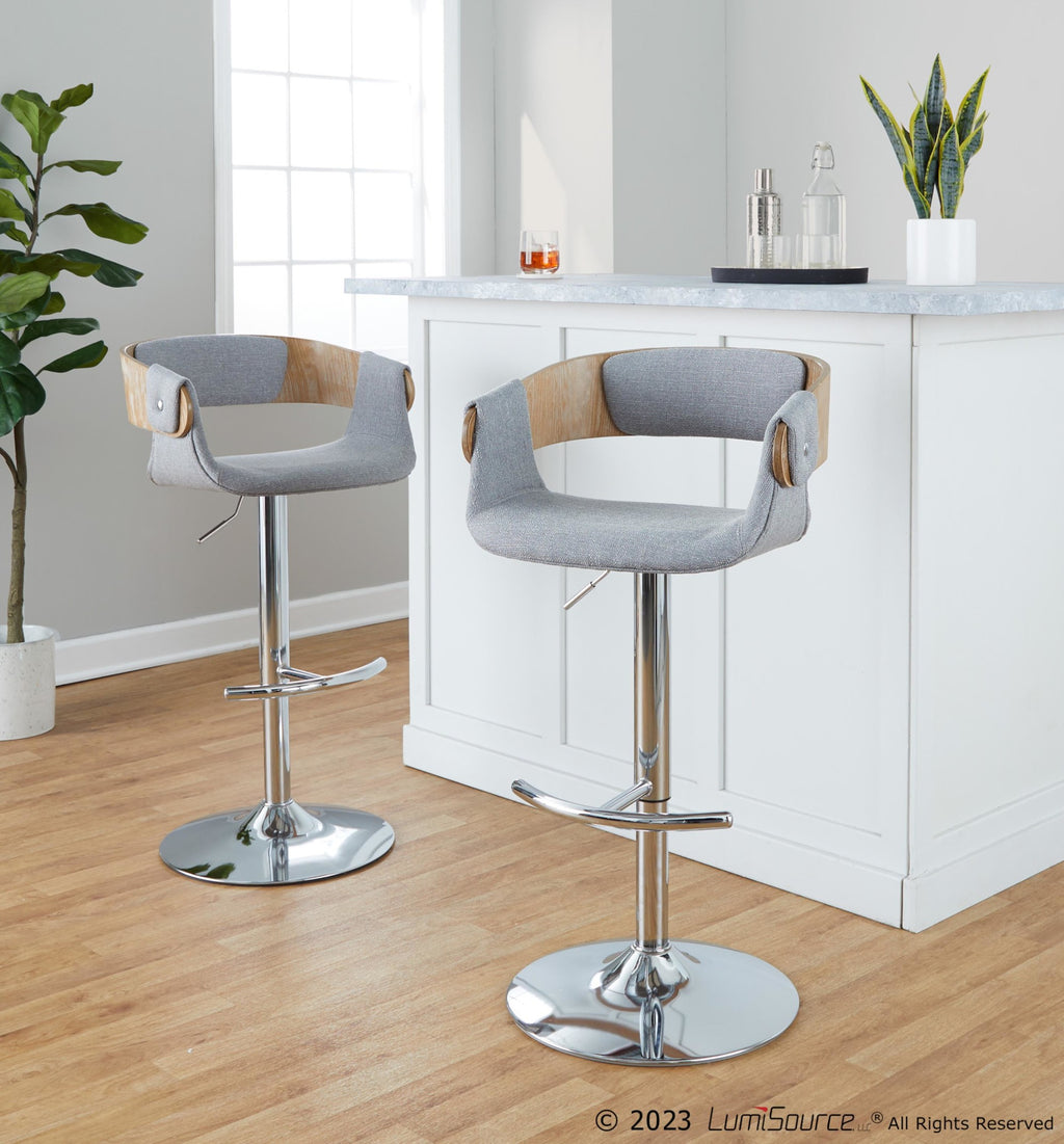 Elisa Adjustable Barstool - Set of 2 - Chrome Metal, Whitewashed Wood, Grey Fabric