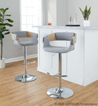 Elisa Adjustable Barstool - Set of 2 - Chrome Metal, Whitewashed Wood, Grey Fabric