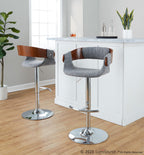 Elisa Adjustable Barstool - Set of 2 - Chrome Metal, Walnut Wood, Grey Fabric