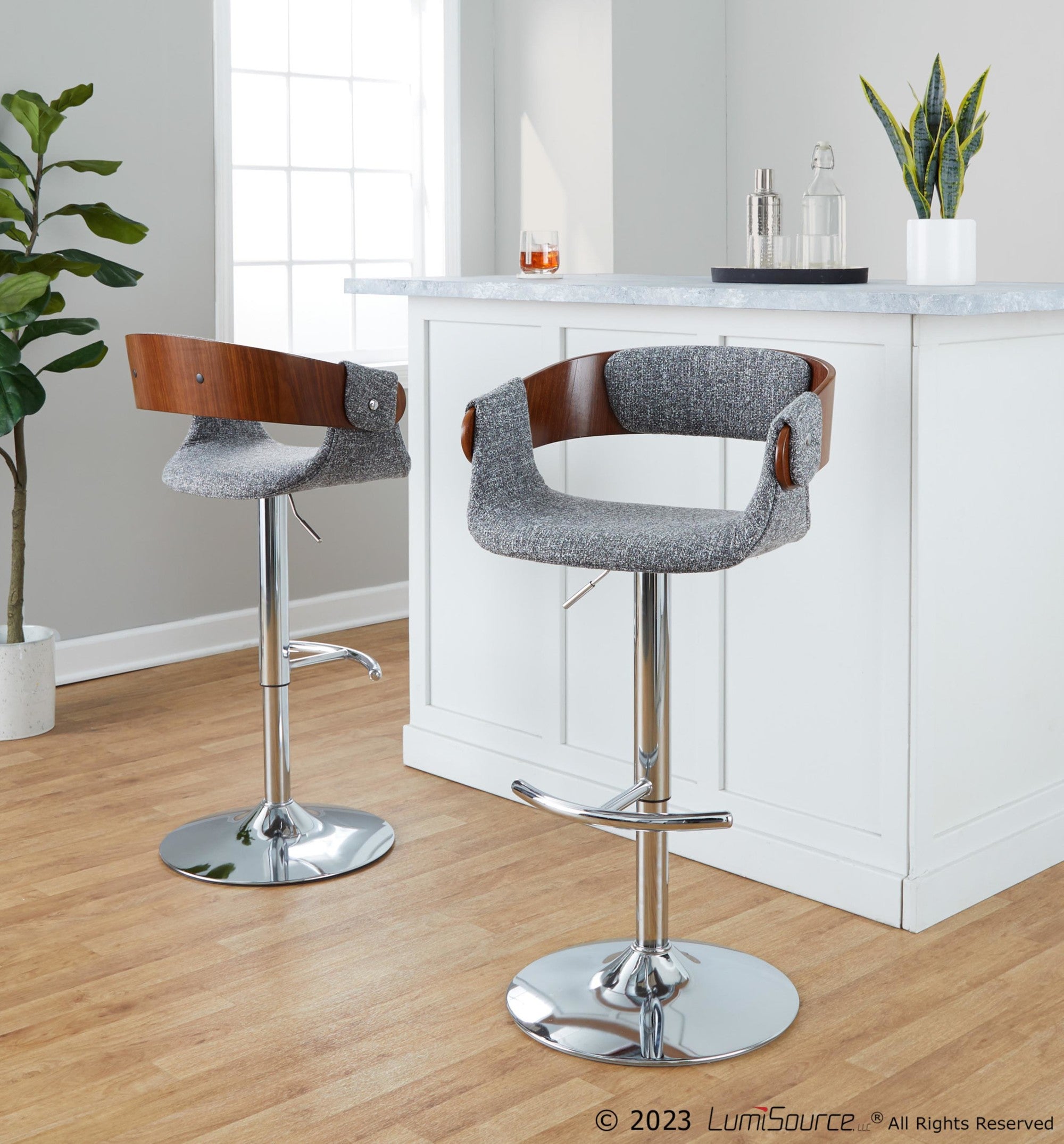 Elisa Adjustable Barstool - Set of 2 - Chrome Metal, Walnut Wood, Grey Fabric