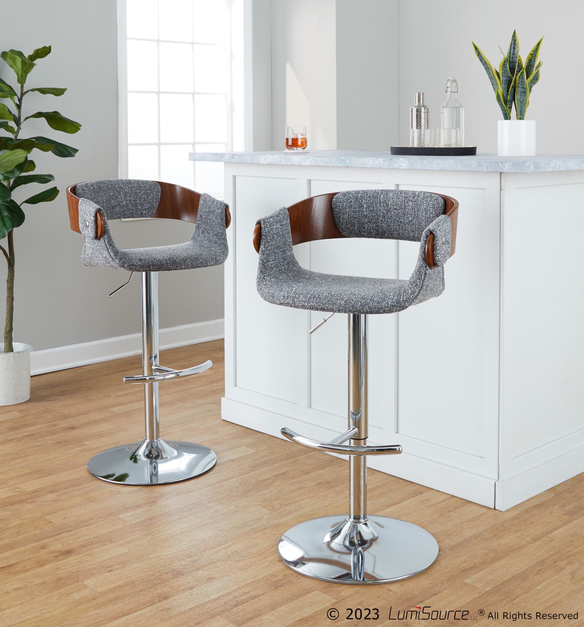 Elisa Adjustable Barstool - Set of 2 - Chrome Metal, Walnut Wood, Grey Fabric