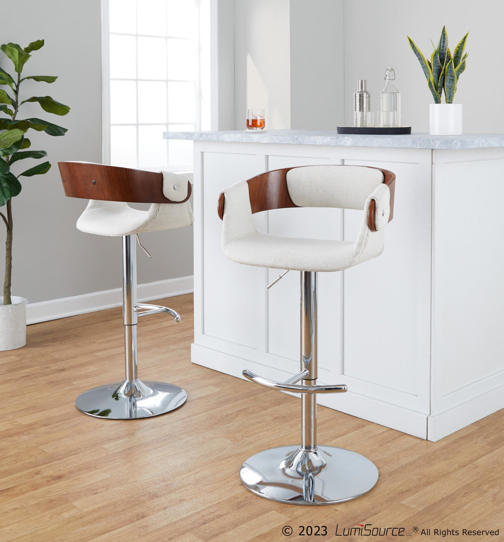 Elisa Adjustable Barstool - Set of 2 - Chrome Metal, Walnut Wood, Cream Fabric