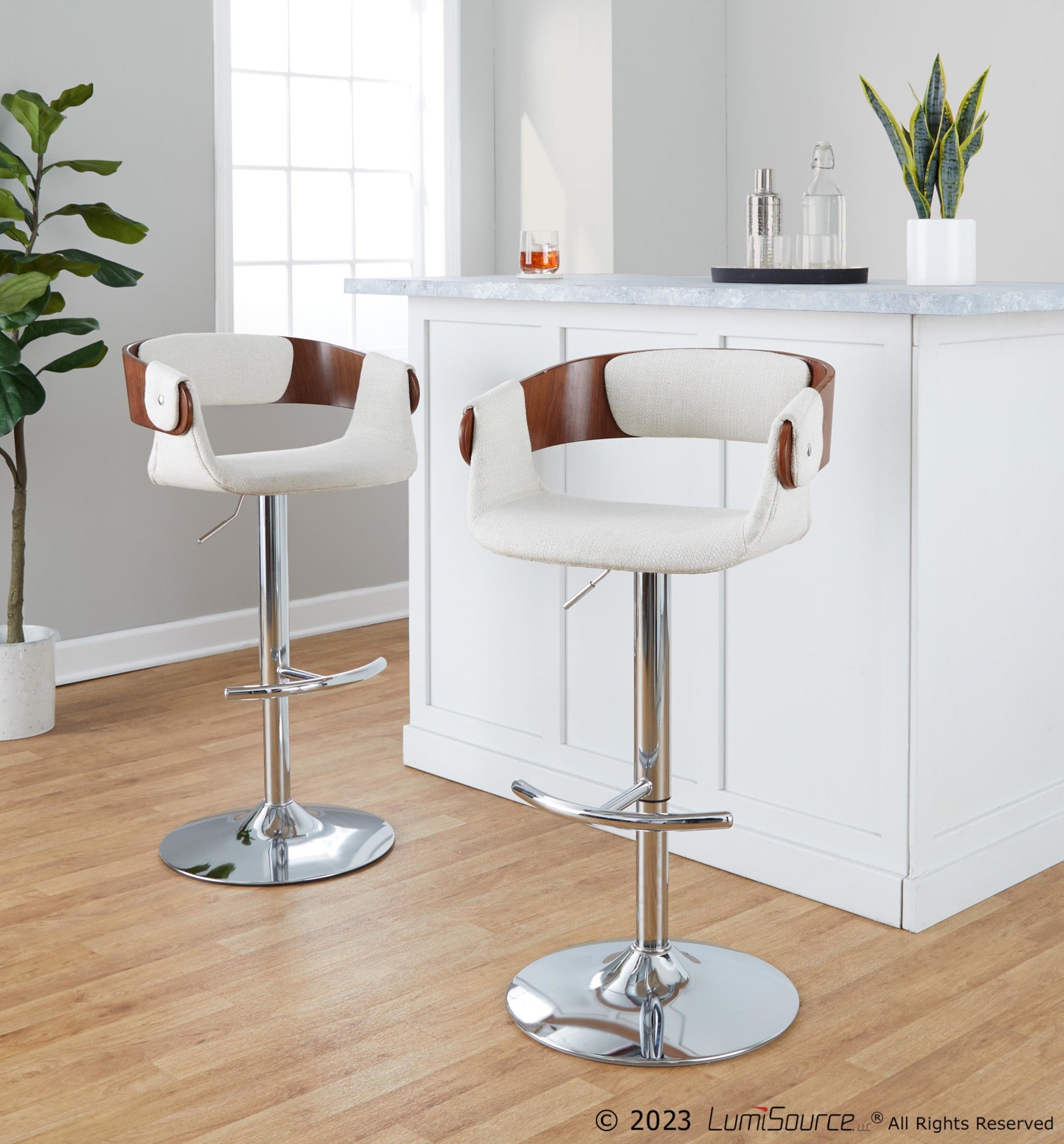 Elisa Adjustable Barstool - Set of 2 - Chrome Metal, Walnut Wood, Cream Fabric