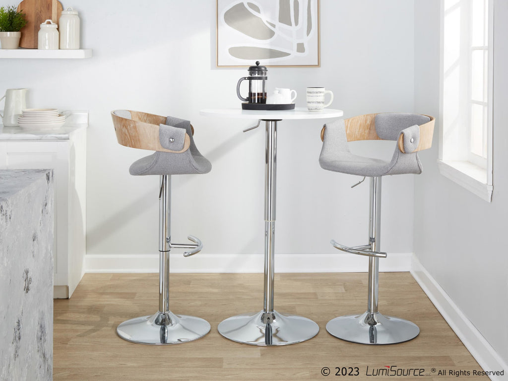 Elisa Adjustable Barstool - Set of 2 - Chrome Metal, Whitewashed Wood, Grey Fabric
