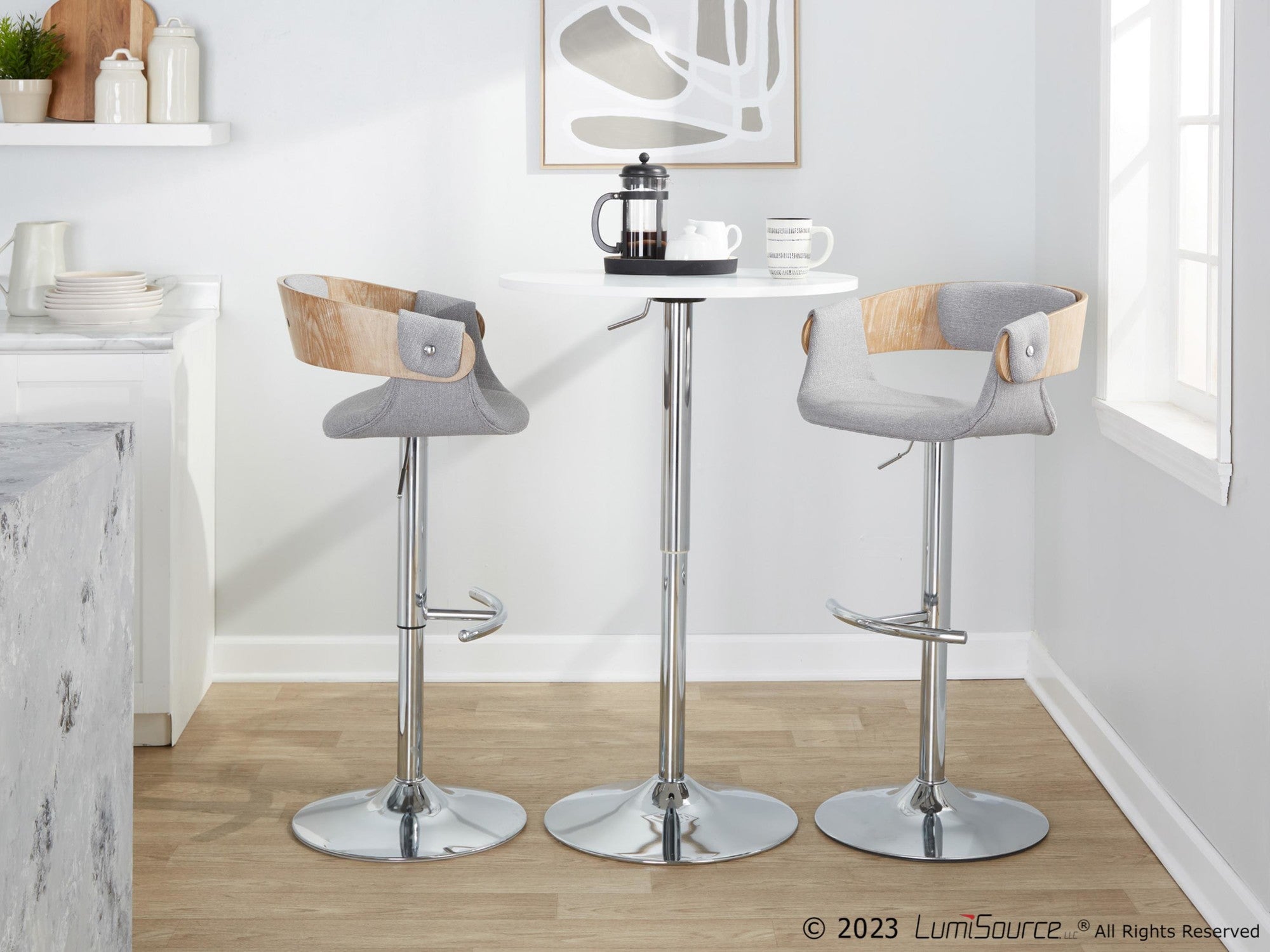 Elisa Adjustable Barstool - Set of 2 - Chrome Metal, Whitewashed Wood, Grey Fabric