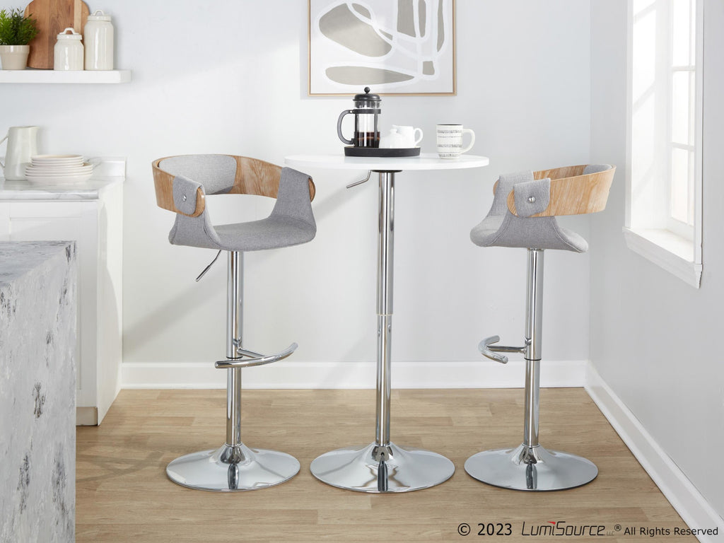 Elisa Adjustable Barstool - Set of 2 - Chrome Metal, Whitewashed Wood, Grey Fabric