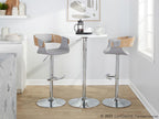 Elisa Adjustable Barstool - Set of 2 - Chrome Metal, Whitewashed Wood, Grey Fabric