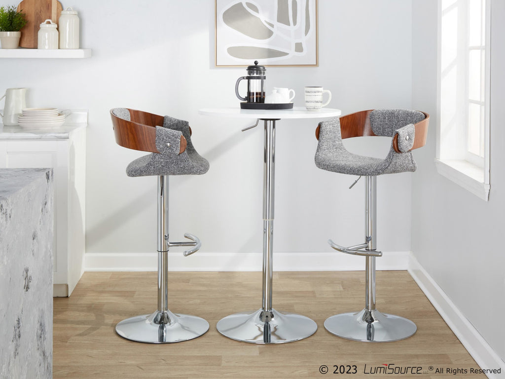 Elisa Adjustable Barstool - Set of 2 - Chrome Metal, Walnut Wood, Grey Fabric