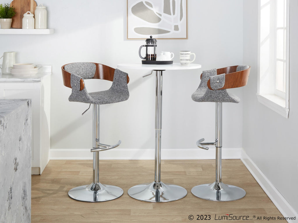 Elisa Adjustable Barstool - Set of 2 - Chrome Metal, Walnut Wood, Grey Fabric