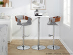Elisa Adjustable Barstool - Set of 2 - Chrome Metal, Walnut Wood, Grey Fabric