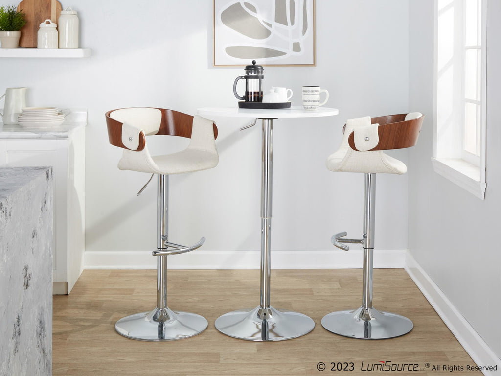 Elisa Adjustable Barstool - Set of 2 - Chrome Metal, Walnut Wood, Cream Fabric