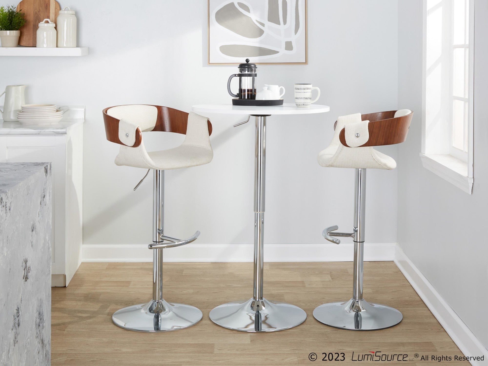 Elisa Adjustable Barstool - Set of 2 - Chrome Metal, Walnut Wood, Cream Fabric