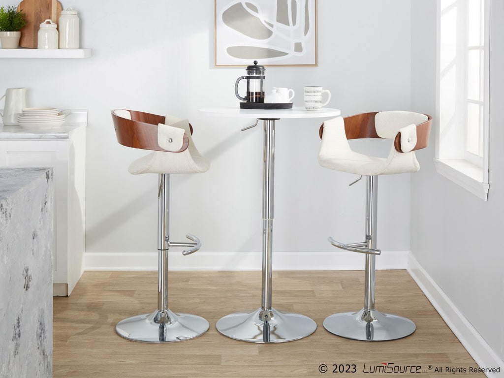 Elisa Adjustable Barstool - Set of 2 - Chrome Metal, Walnut Wood, Cream Fabric
