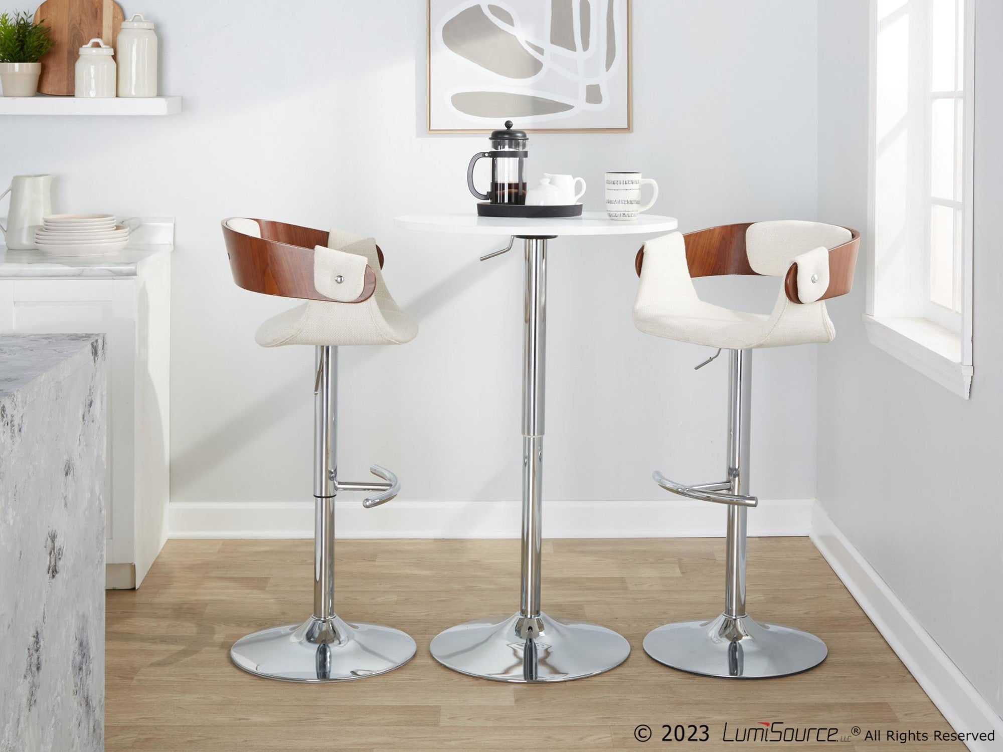 Elisa Adjustable Barstool - Set of 2 - Chrome Metal, Walnut Wood, Cream Fabric