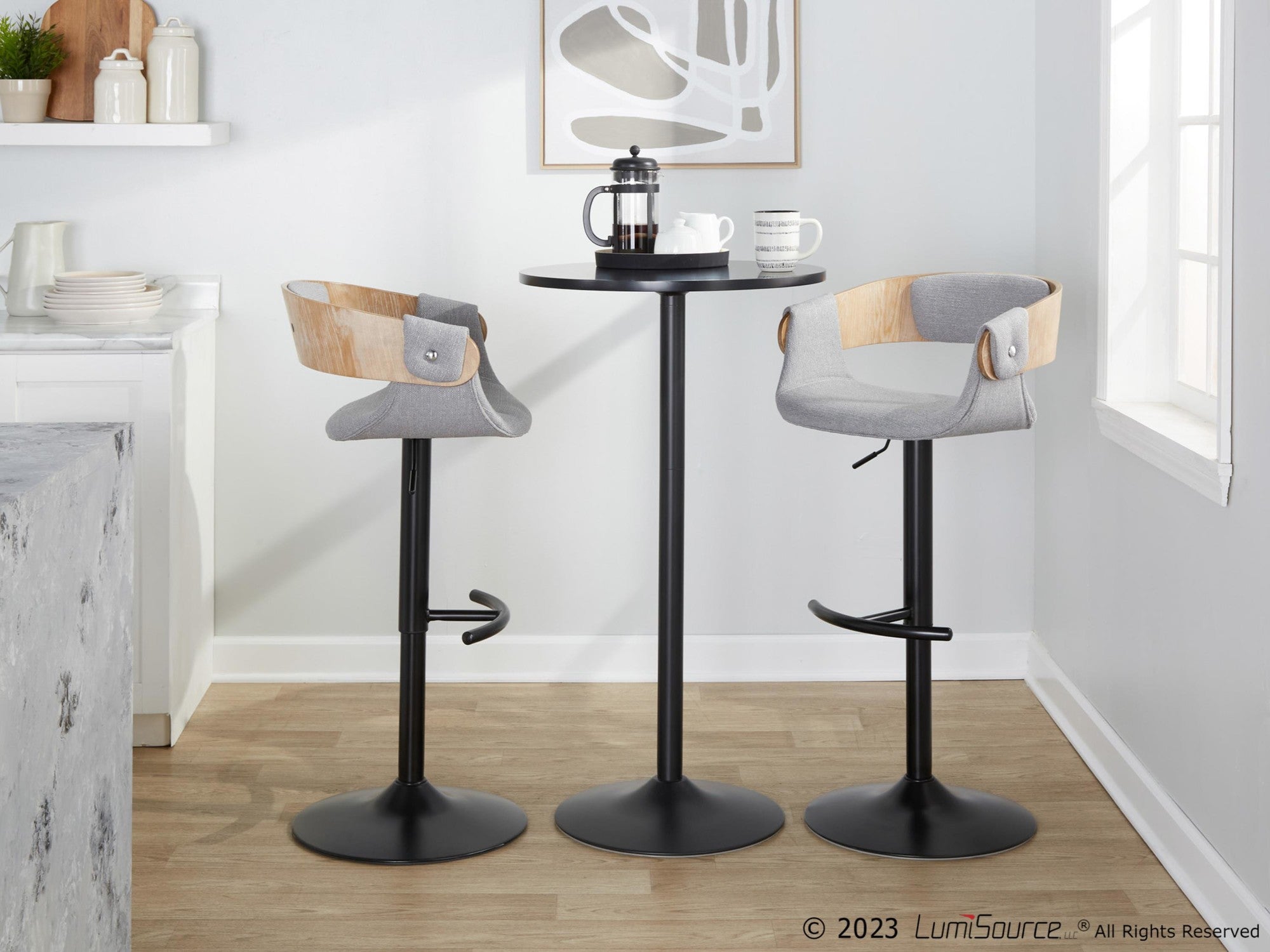 Elisa Adjustable Barstool - Set of 2 - Black Metal, Whitewashed Wood, Grey Fabric