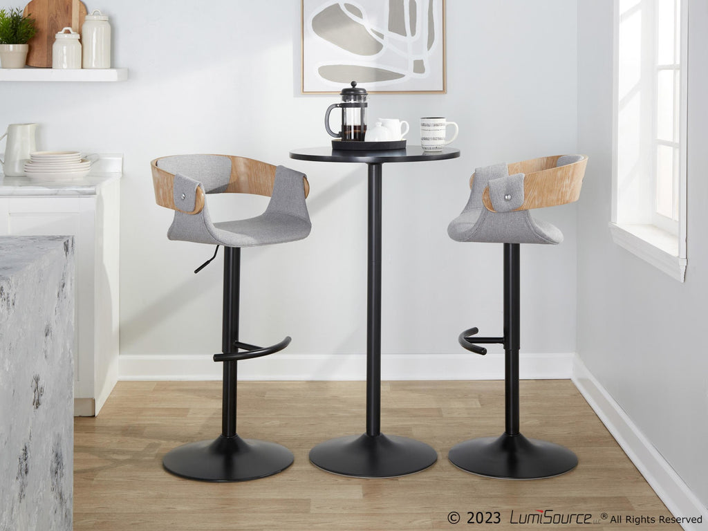 Elisa Adjustable Barstool - Set of 2 - Black Metal, Whitewashed Wood, Grey Fabric
