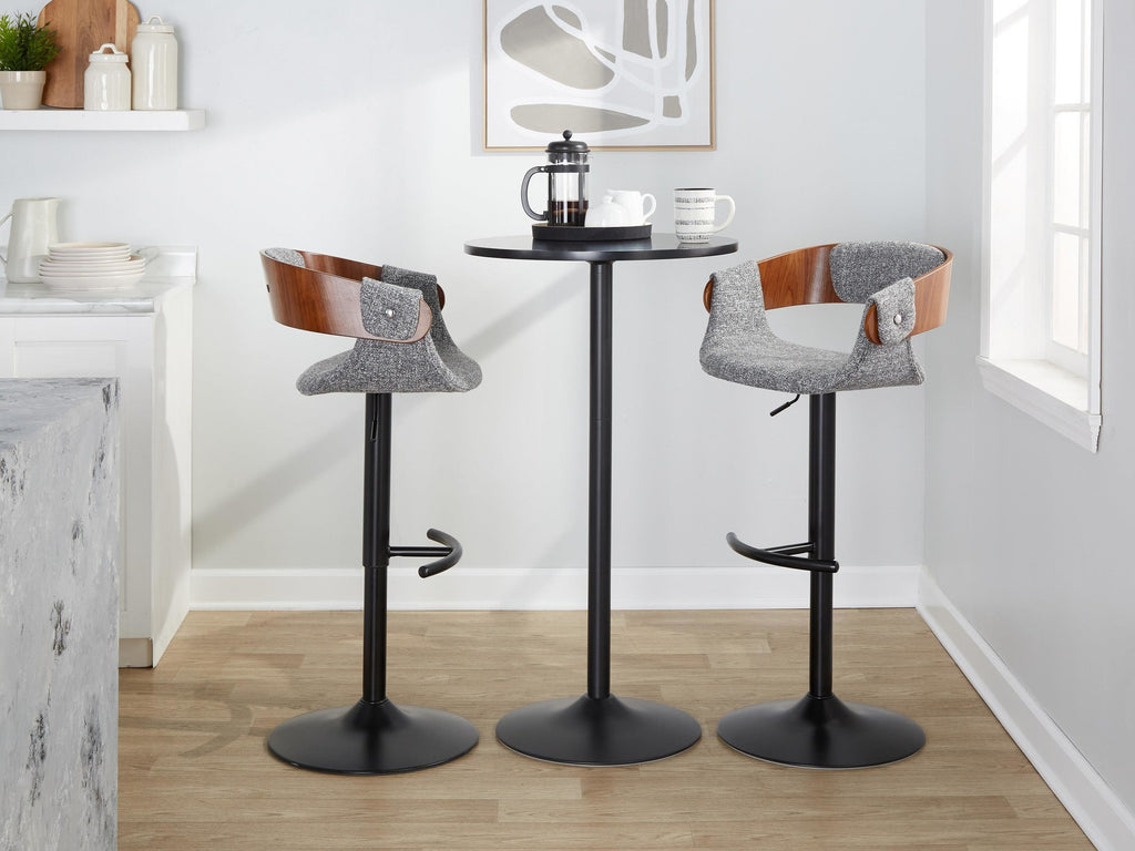Elisa Adjustable Barstool - Set of 2 - Black Metal, Walnut Wood, Grey Fabric