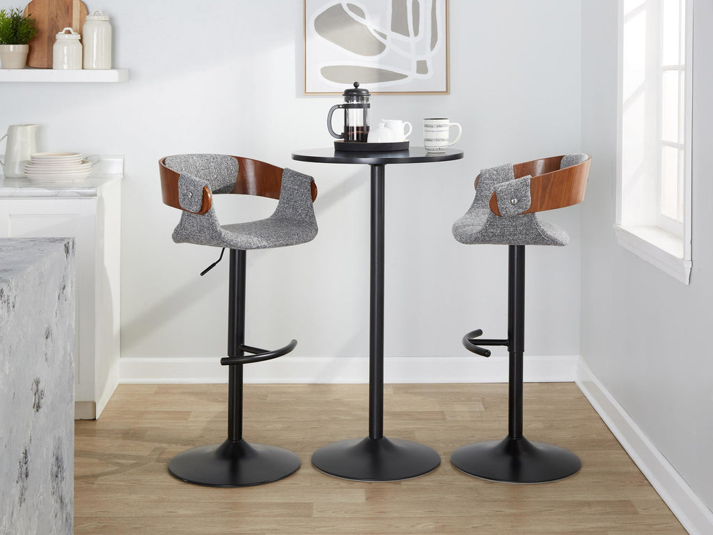 Elisa Adjustable Barstool - Set of 2 - Black Metal, Walnut Wood, Grey Fabric